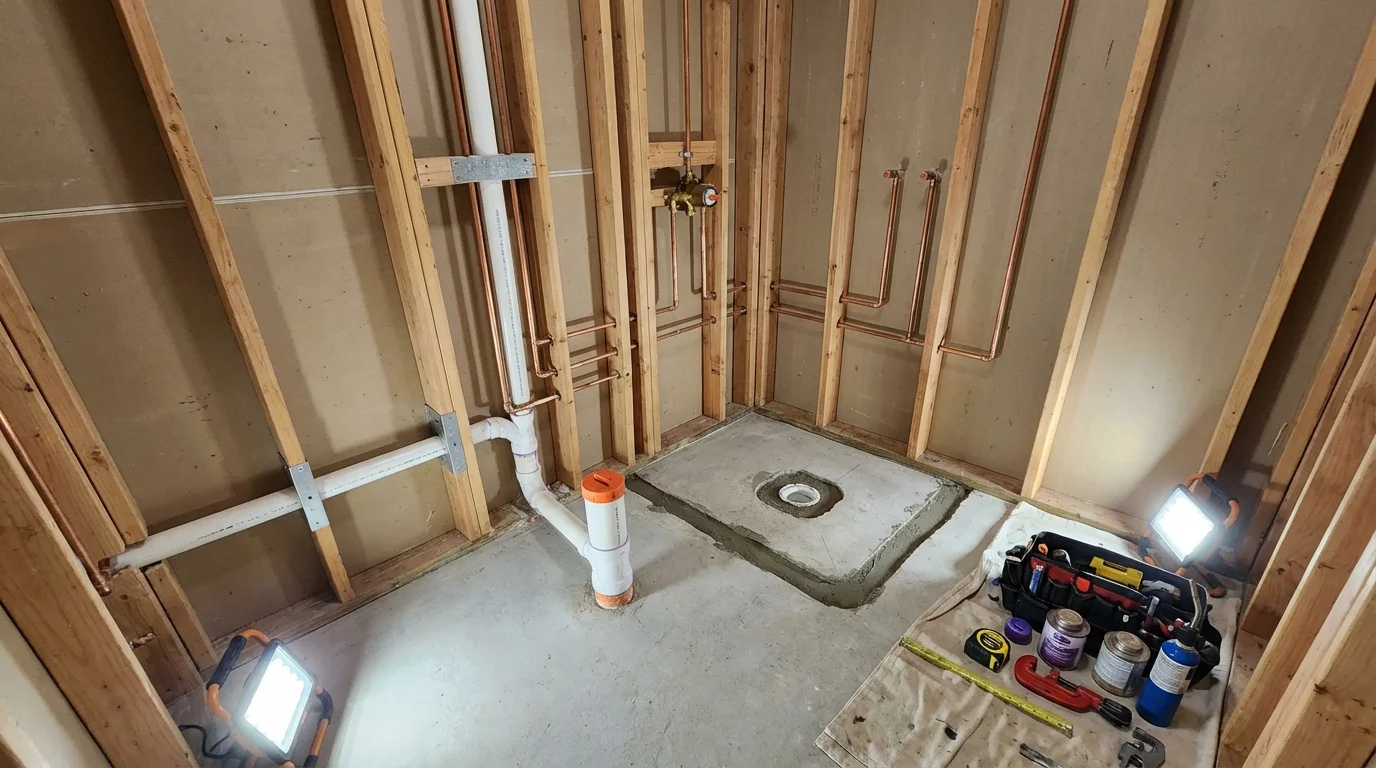 Bathroom rough-in plumbing during remodel by Johns Plumbing LLC in Clarksburg