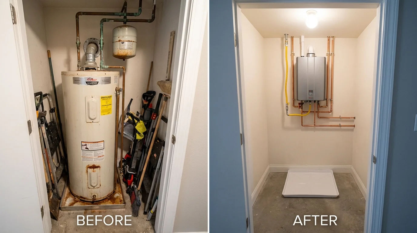 Tank water heater versus wall-mounted tankless unit comparison for Clarksburg, MD homeowners