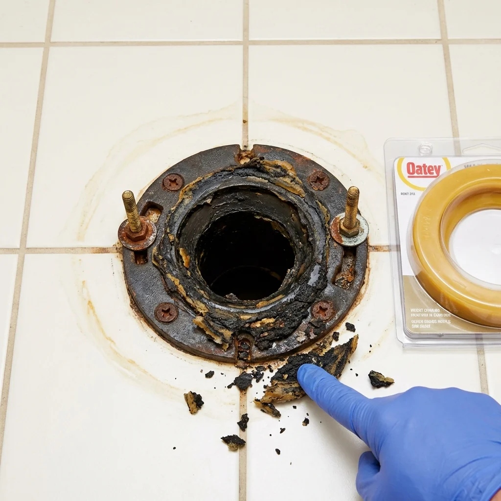 Failed wax ring showing water seepage at the base of a toilet in a Clarksburg, MD home