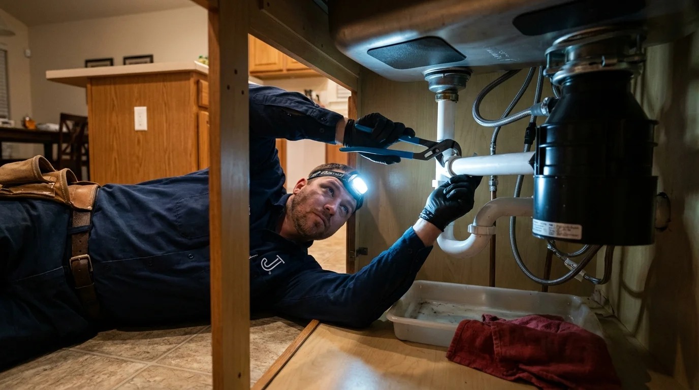 P-trap and supply line connections under a kitchen sink showing a common leak point in Clarksburg, MD